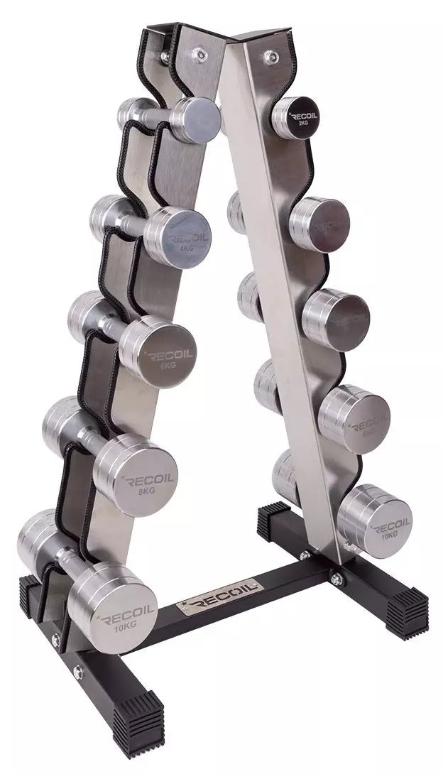 Käsipainosetti 2kg, 4kg, 6kg, 8kg, 10kg (Kromi) + Teline – Recoil