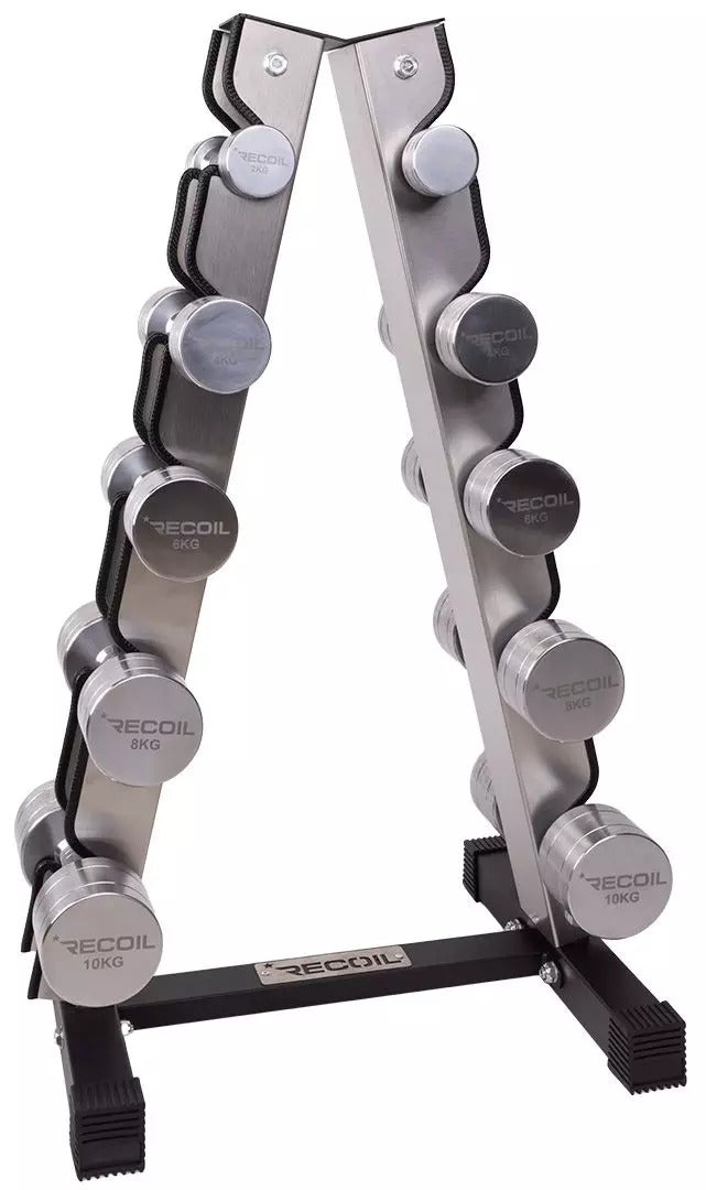 Käsipainosetti 2kg, 4kg, 6kg, 8kg, 10kg (Kromi) + Teline – Recoil